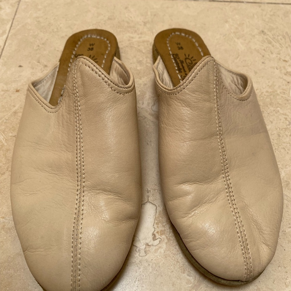 Beige Leather Slip-On Mules